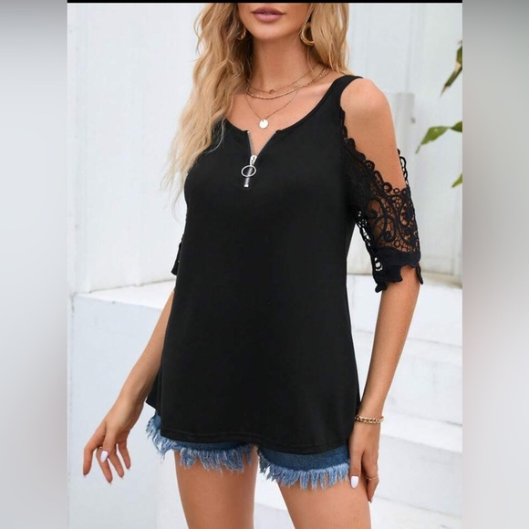 🥳HP🥳NWOT Contrast Guipure Lace Cold Shoulder Top in Black w/ Quarter Zip Front - Picture 3 of 13
